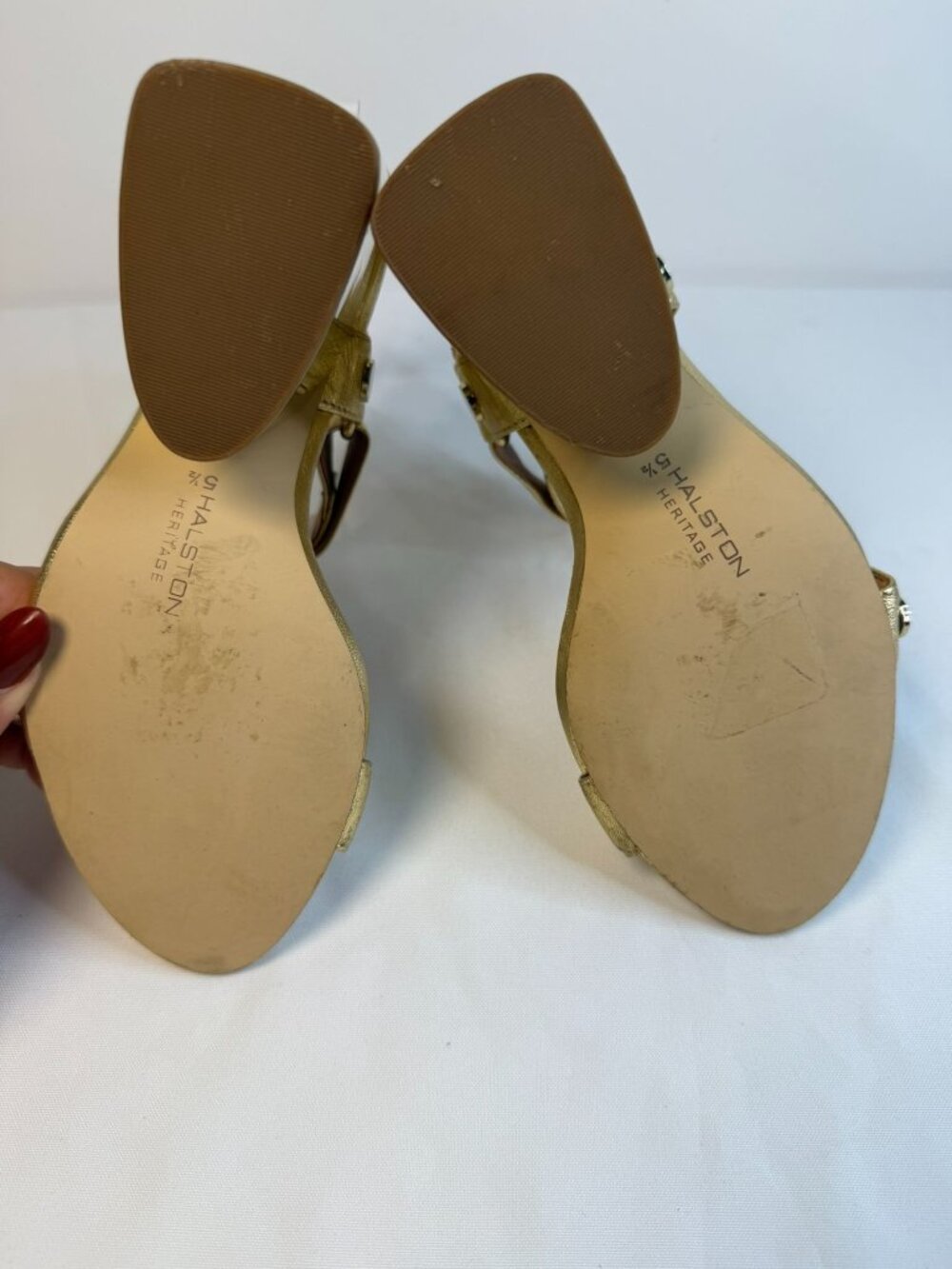 Halston Heritage Mica Sandal Womens Size 5.5M Gold & Bronze Studded Block Heel - Picture 10 of 15